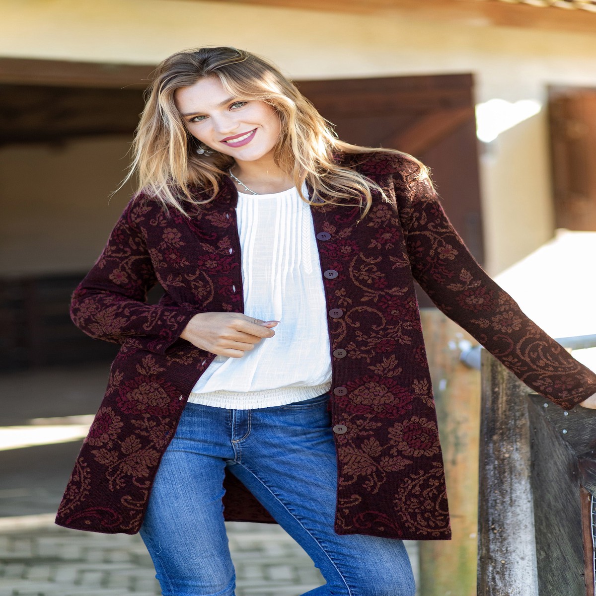 Burgundy 100% Baby Alpaca Long Cardigan with Mandarin Collar - Dream Garden in Burgundy - S (member)
