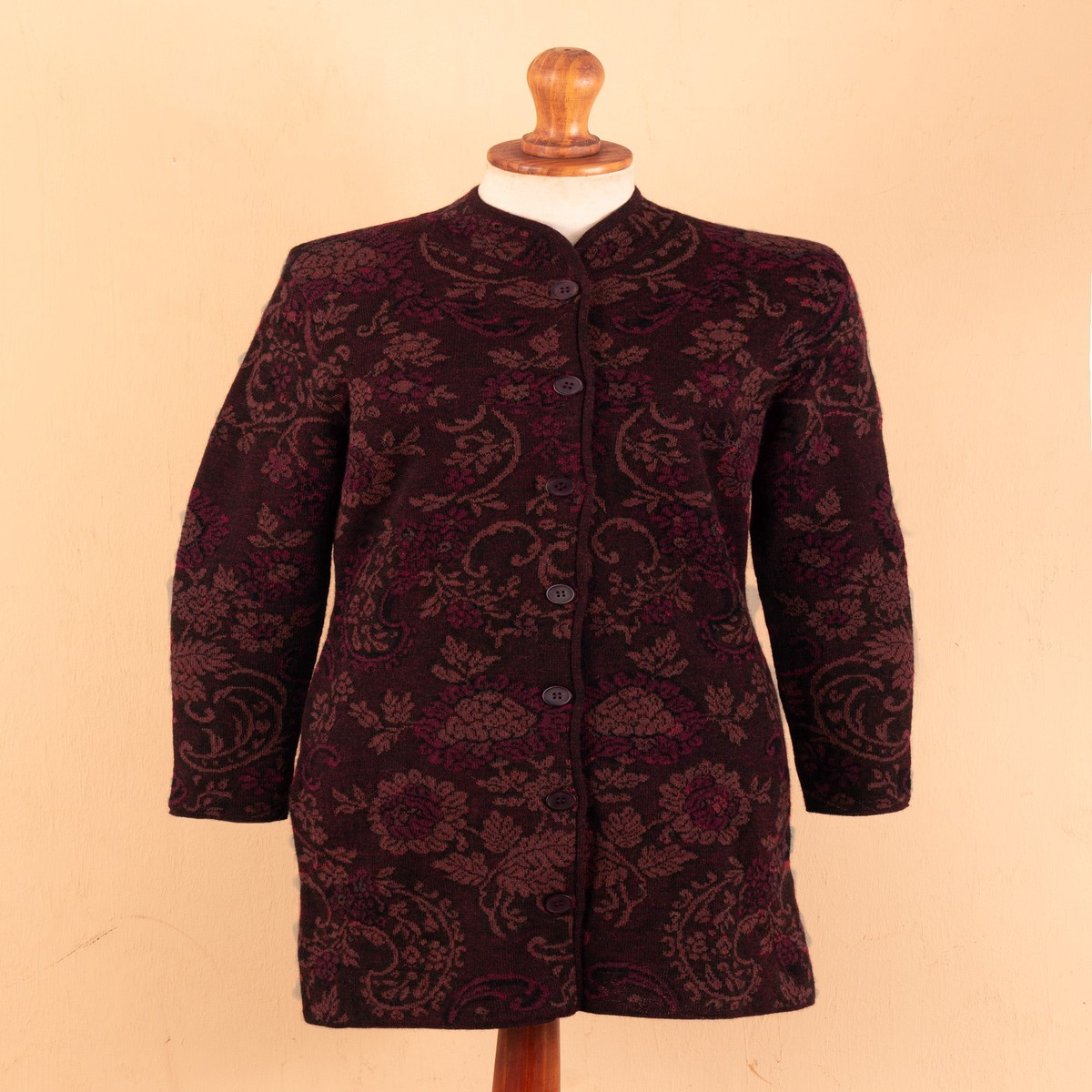 Burgundy 100% Baby Alpaca Long Cardigan with Mandarin Collar - Dream Garden in Burgundy - XL