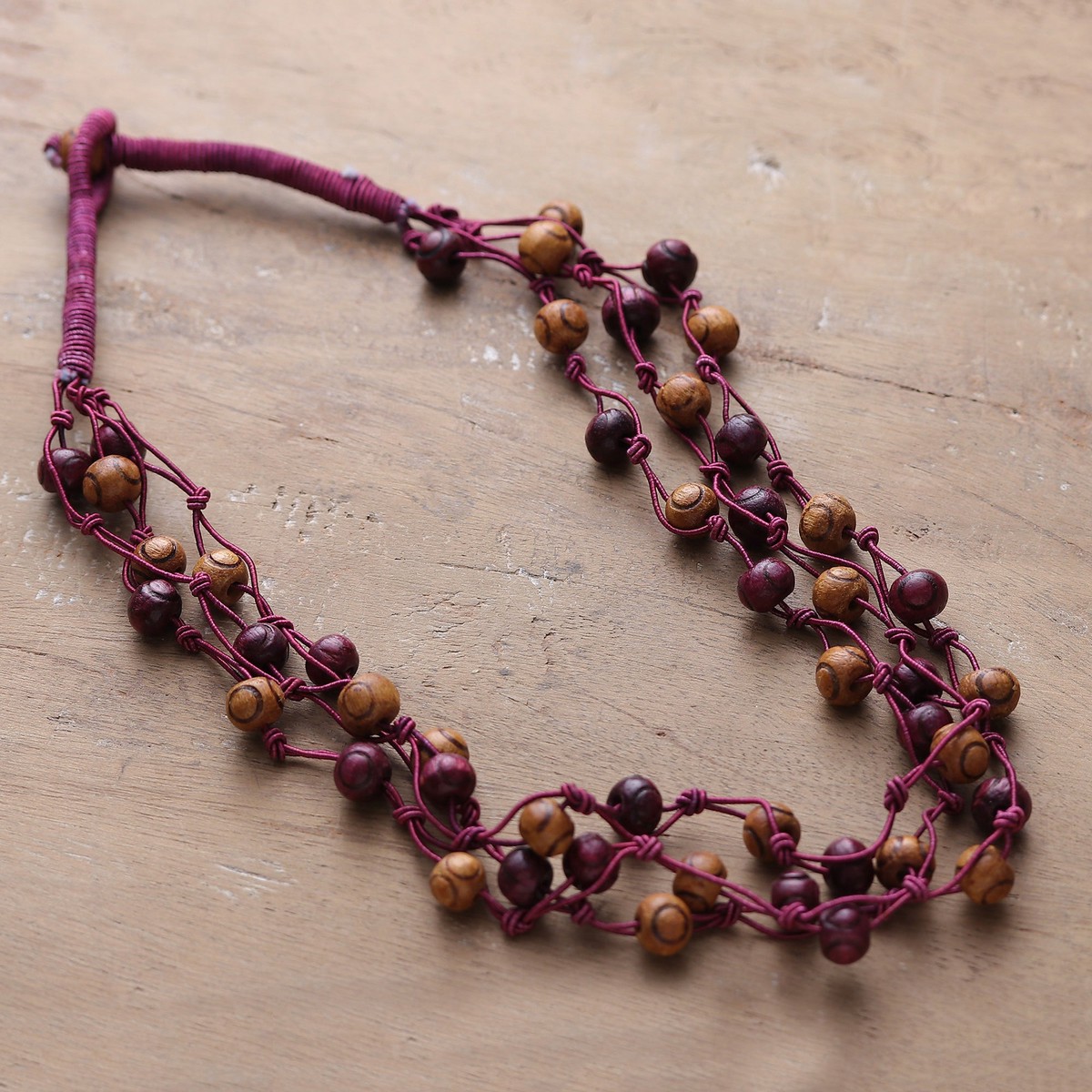 Burgundy and Brown Haldu Wood and Cotton Station Necklace - Burgundy Essence
