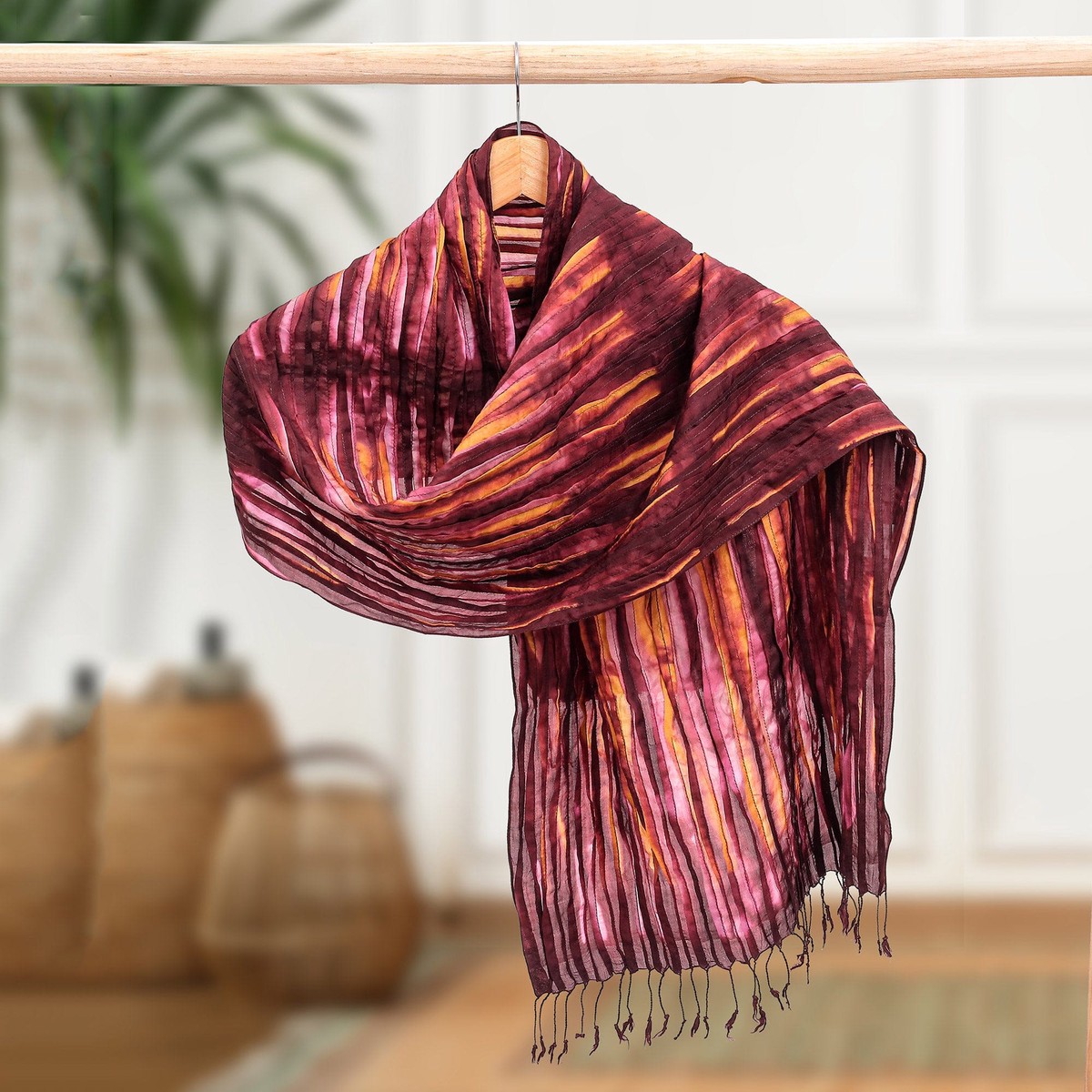 Burgundy Silk Scarf with Pintuck Pattern Crafted in Thailand - Burgundy Summer