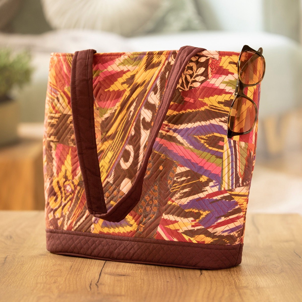 Burgundy Tote Bag with Multicolored Patchwork Ikat Pattern - Exuberance