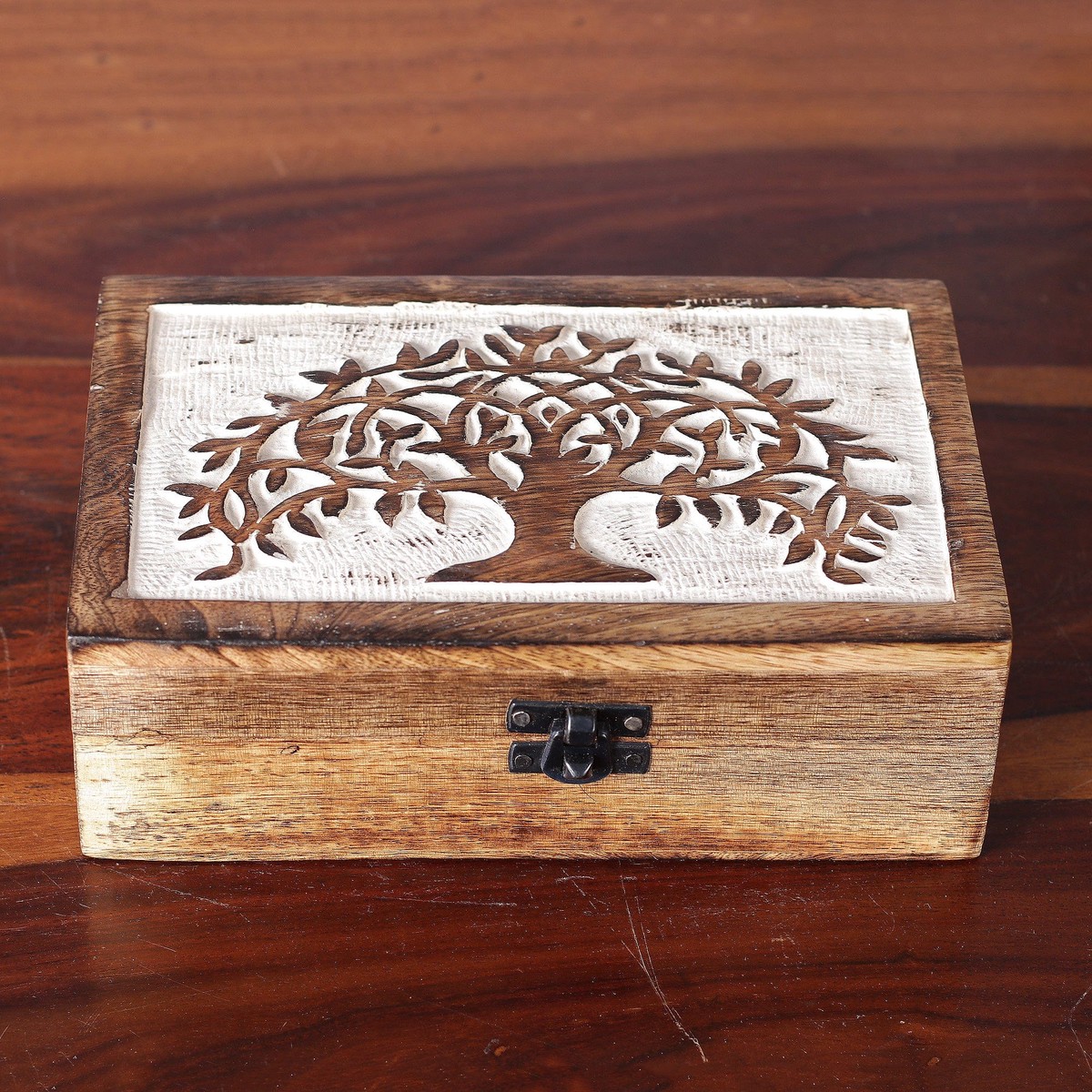 Burnt Finished Rectangular Tree of Life Wood Decorative Box - View of Prosperity