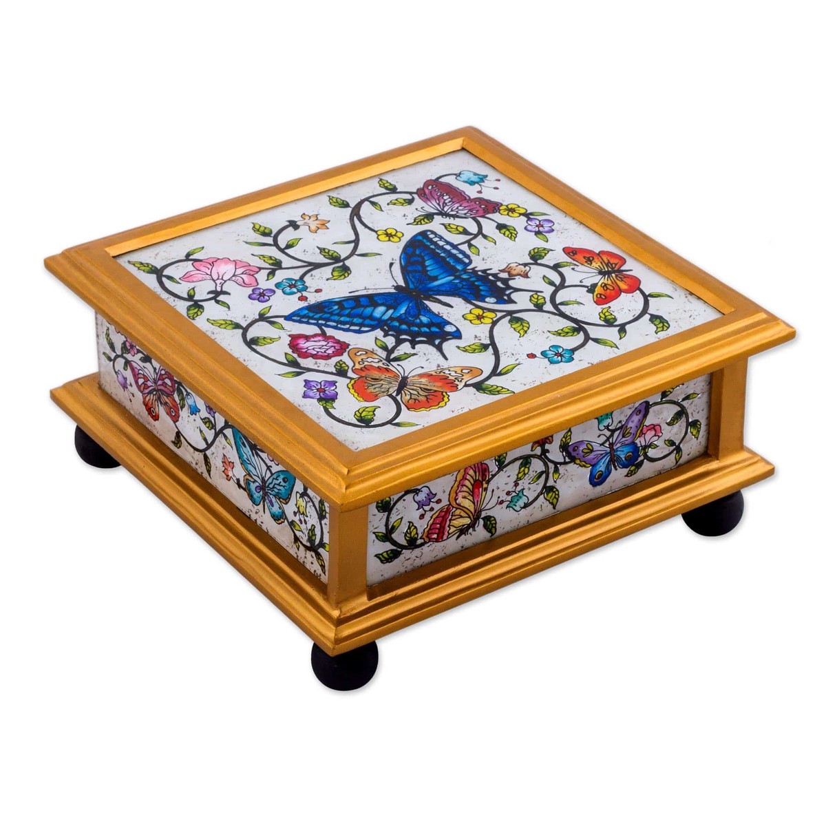 Butterflies on an Ivory Reverse Painted Glass Decorative Box - Ivory Winter Butterflies (member)