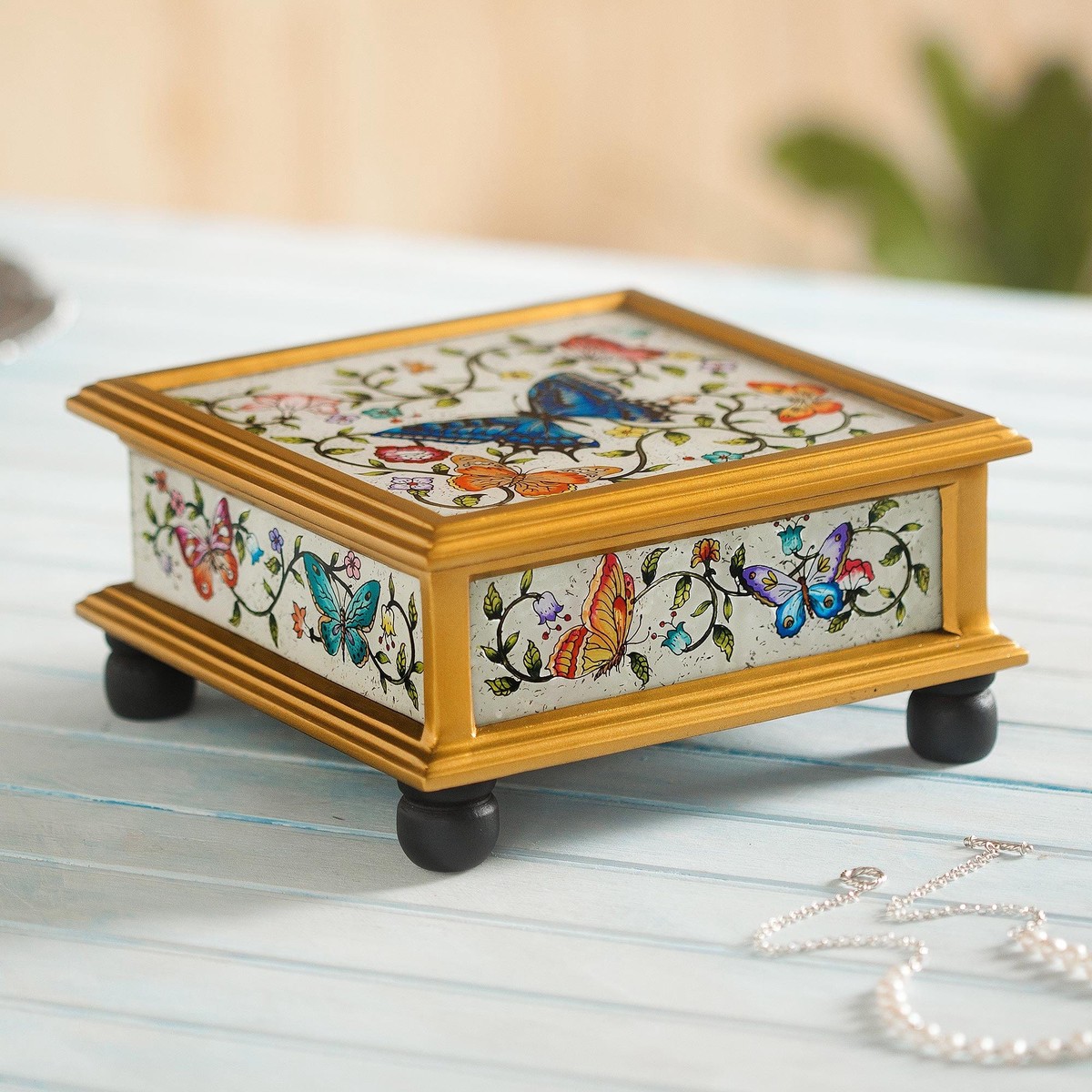 Butterflies on an Ivory Reverse Painted Glass Decorative Box - Ivory Winter Butterflies