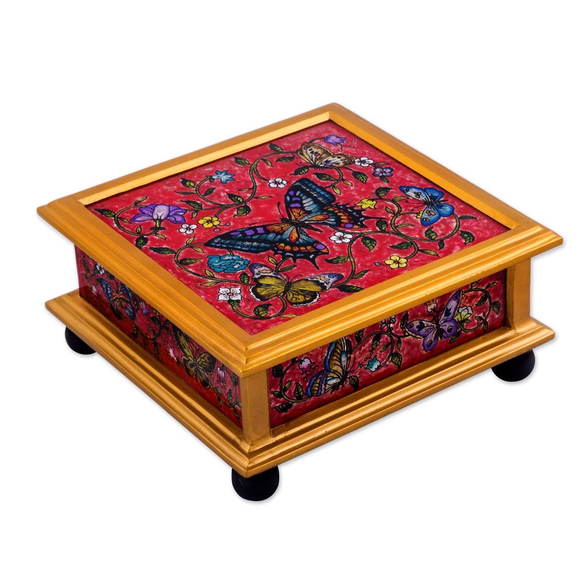 Butterflies on Red Reverse Painted Glass Decorative Box - Red Winter Butterflies (member)