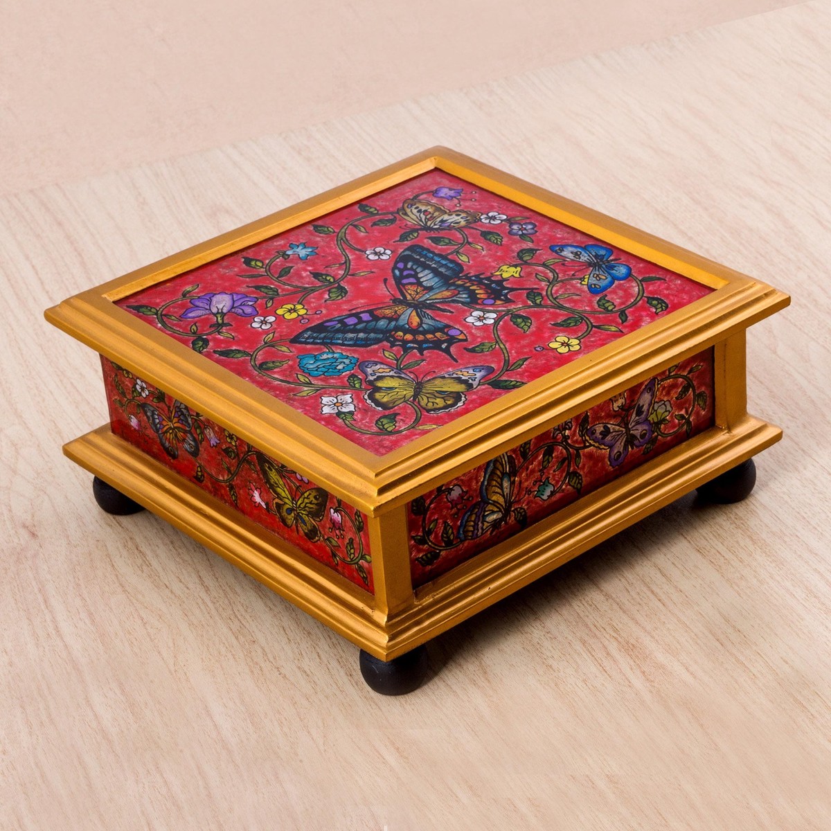 Butterflies on Red Reverse Painted Glass Decorative Box - Red Winter Butterflies