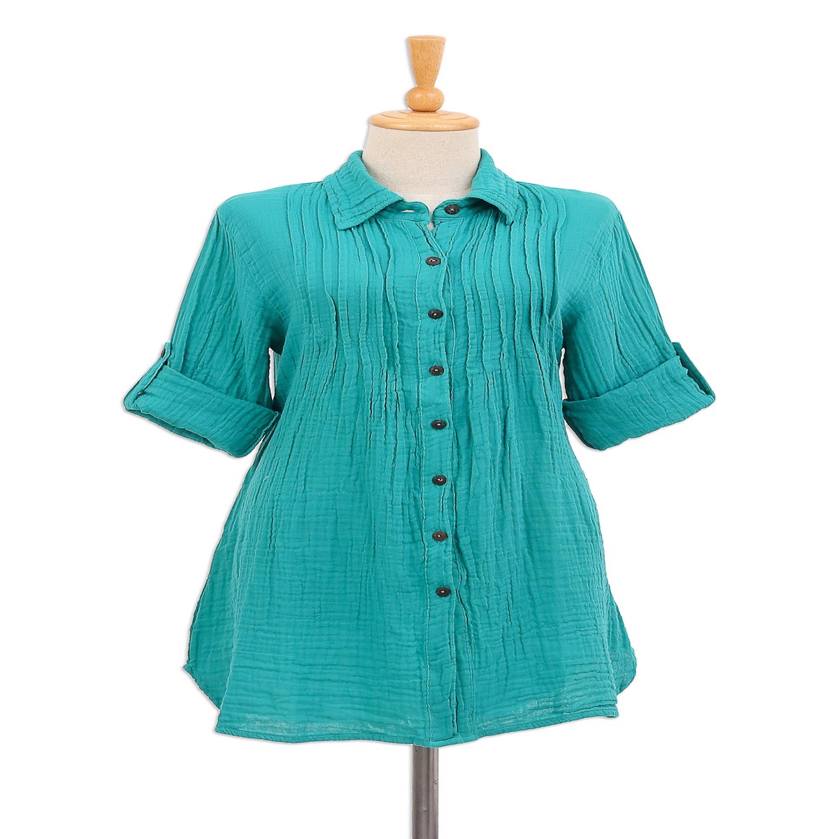 Button-Up Cotton Gauze Shirt from Thailand - Sea Green Pintucks - M (member)