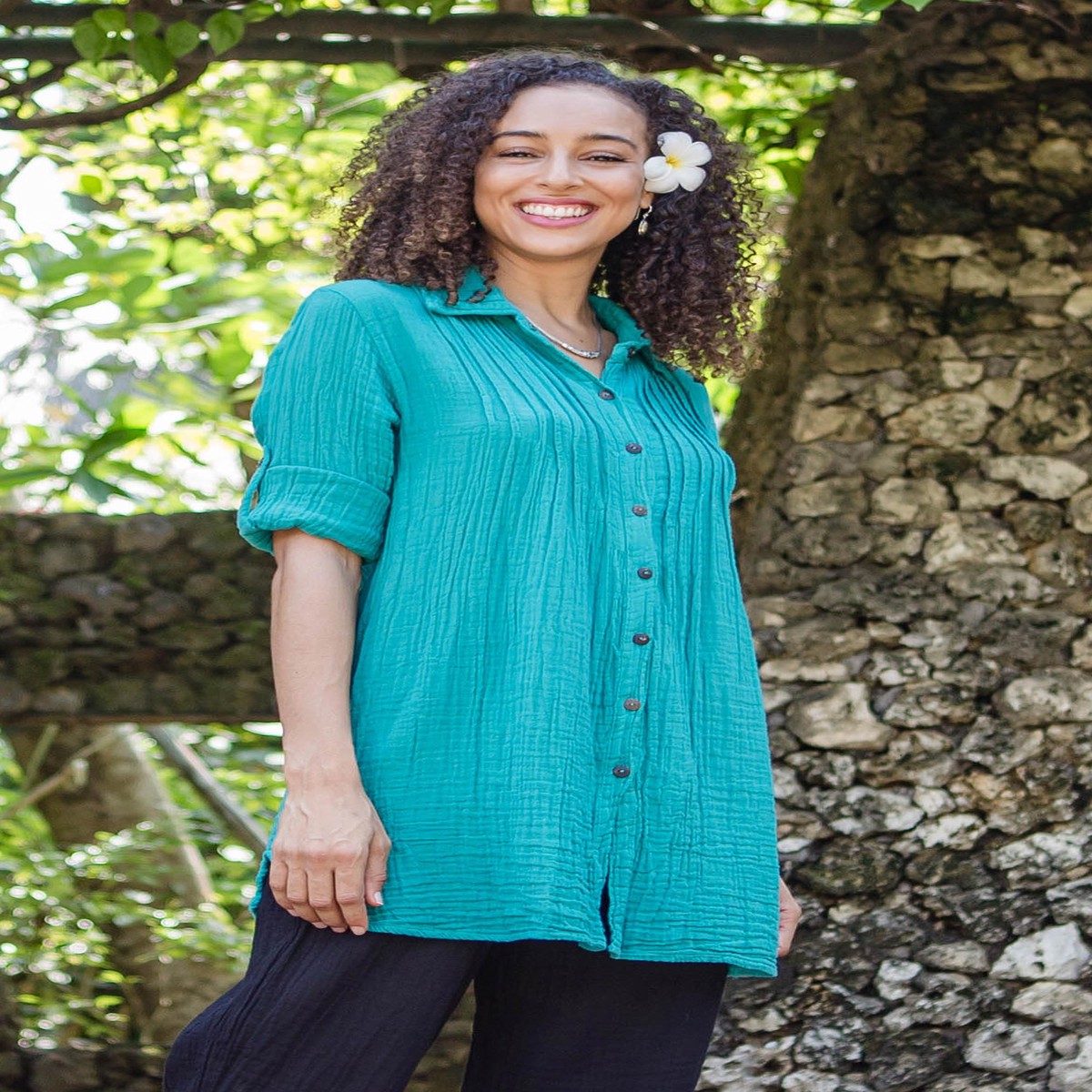 Button-Up Cotton Gauze Shirt from Thailand - Sea Green Pintucks - S