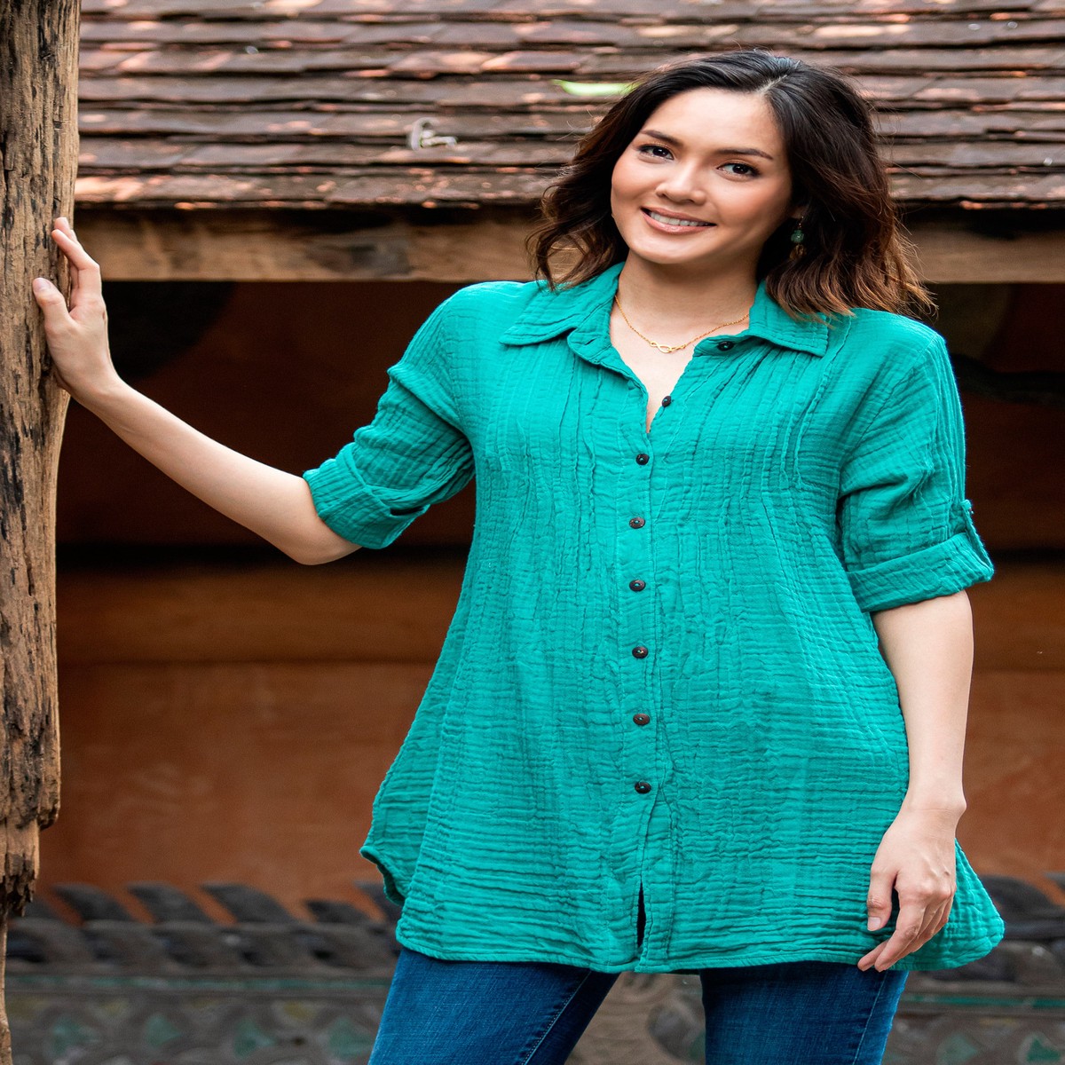 Button-Up Cotton Gauze Shirt from Thailand - Sea Green Pintucks - XXL