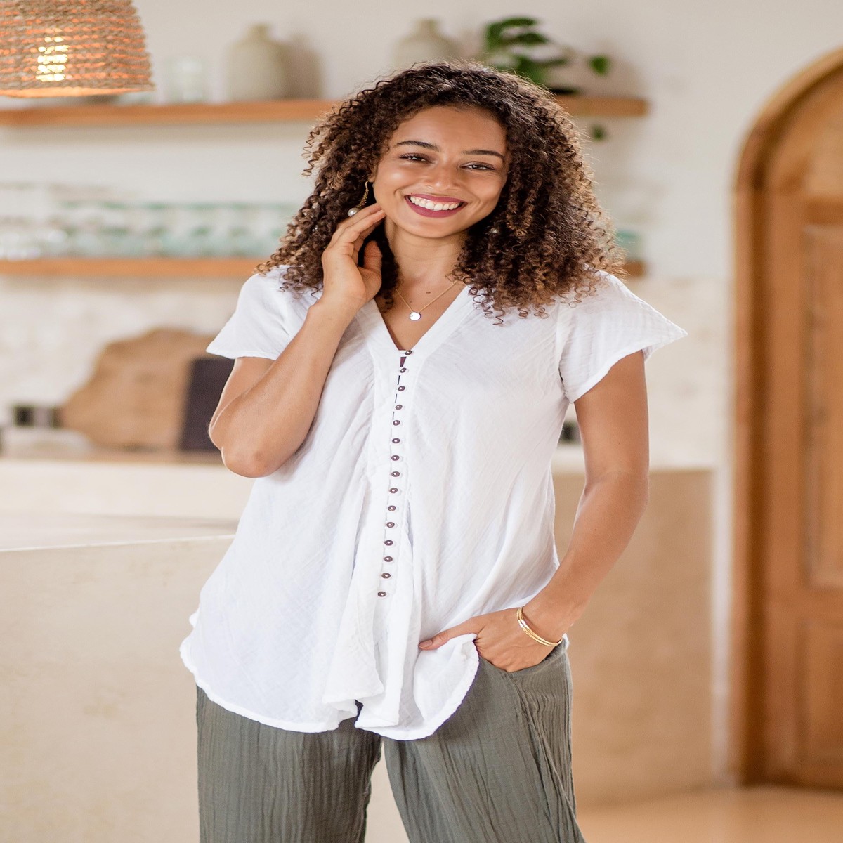 Buttoned Cotton Gauze Blouse with Short Sleeves - White Flair - L (member)