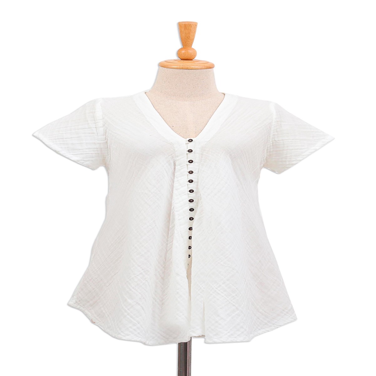 Buttoned Cotton Gauze Blouse with Short Sleeves - White Flair - M (member)