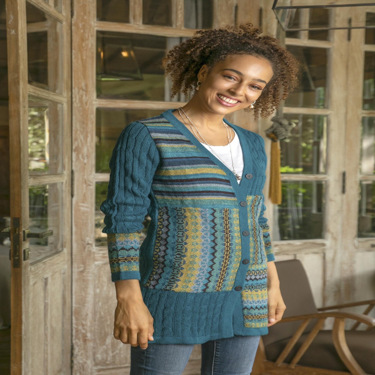 Cable Knit 100% Alpaca Cardigan in Teal from Peru - Patchwork in Teal - L