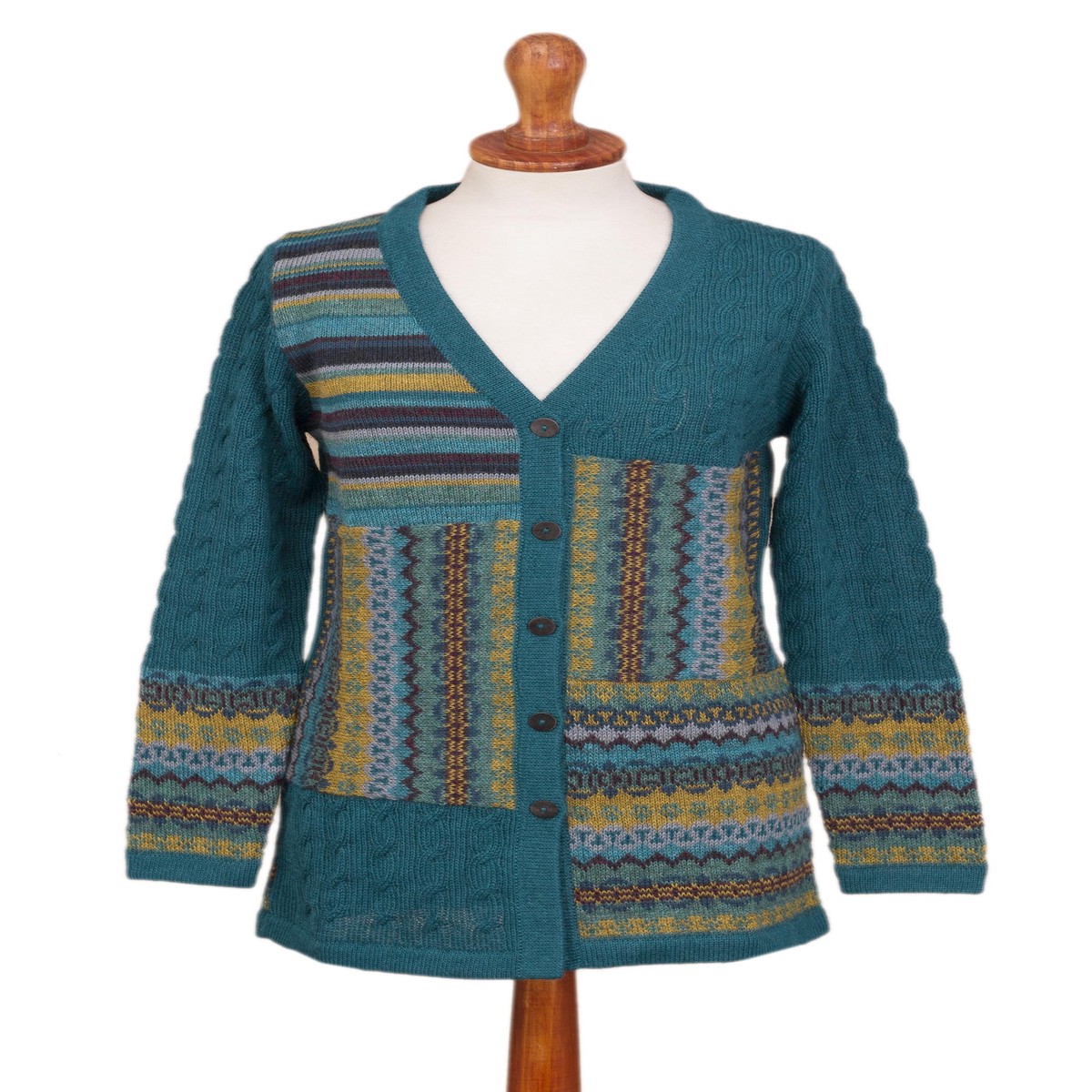 Cable Knit 100% Alpaca Cardigan in Teal from Peru - Patchwork in Teal - M