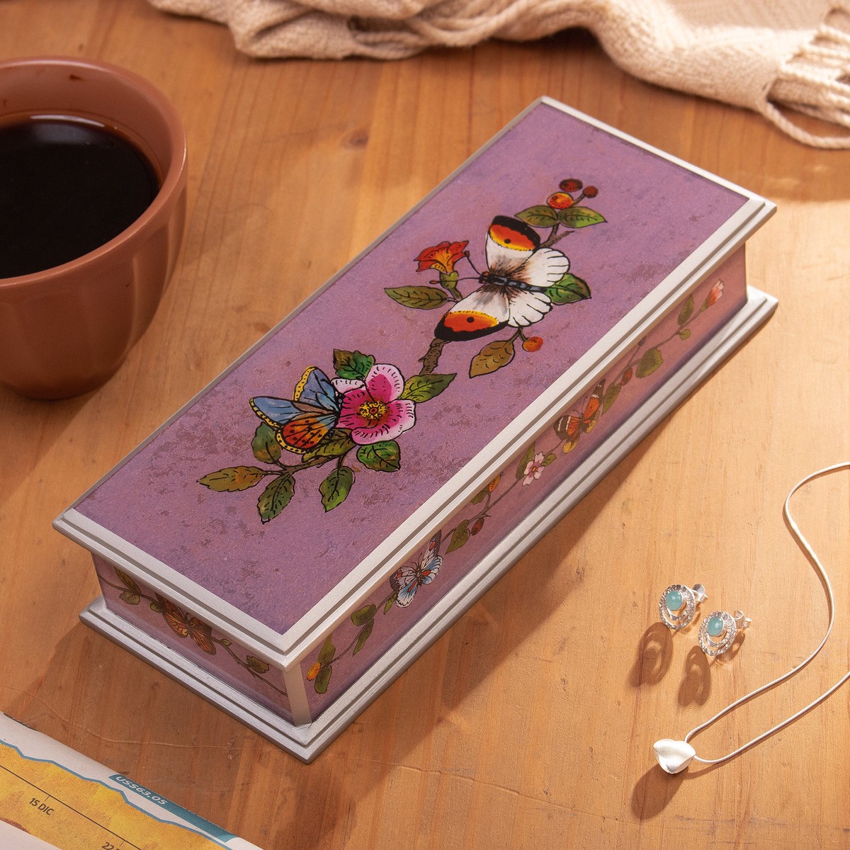 Butterfly Reverse-Painted Glass Decorative Box with Flowers - Floral Transformation