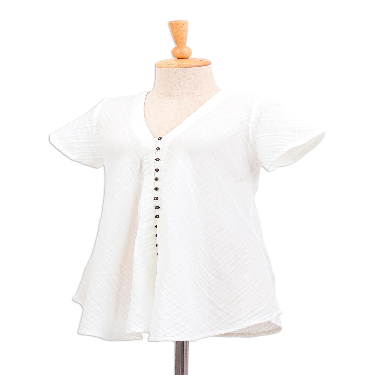 Buttoned Cotton Gauze Blouse with Short Sleeves - White Flair - XXL (member)