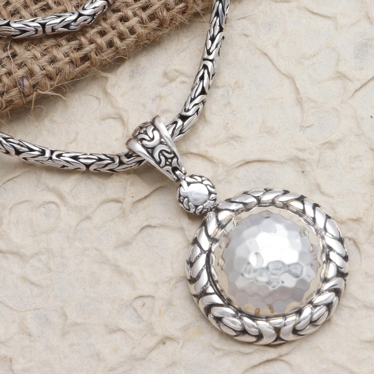 Byzantine Link Hammered Sterling Silver Pendant Necklace - Meditation Healing