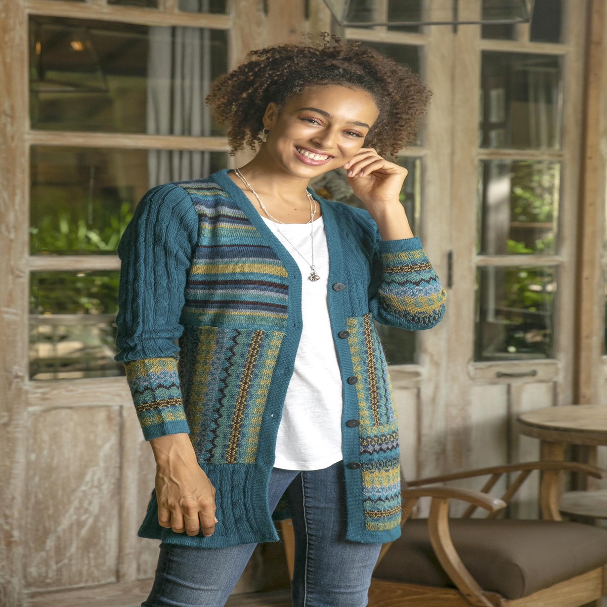 Cable Knit 100% Alpaca Cardigan in Teal from Peru - Patchwork in Teal - S