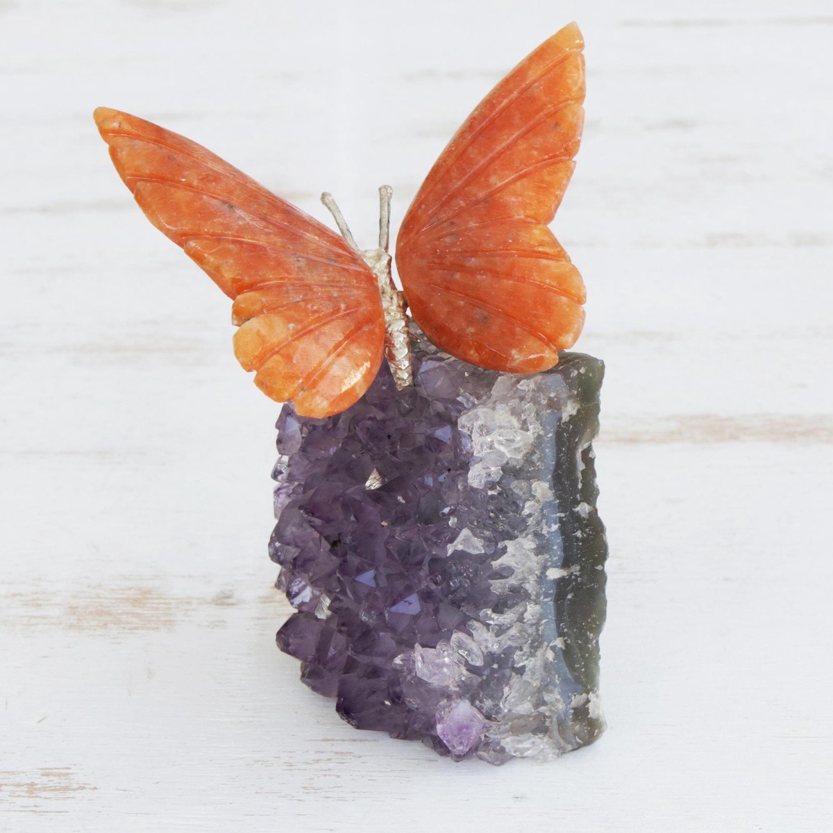 Calcite and Amethyst Butterfly Gemstone Sculpture - Orange Wings