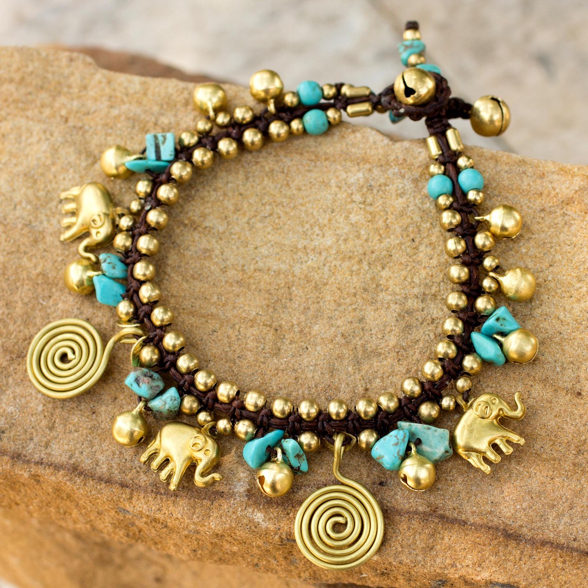 Calcite and Brass Elephant Charm Bracelet - Splendor of Siam