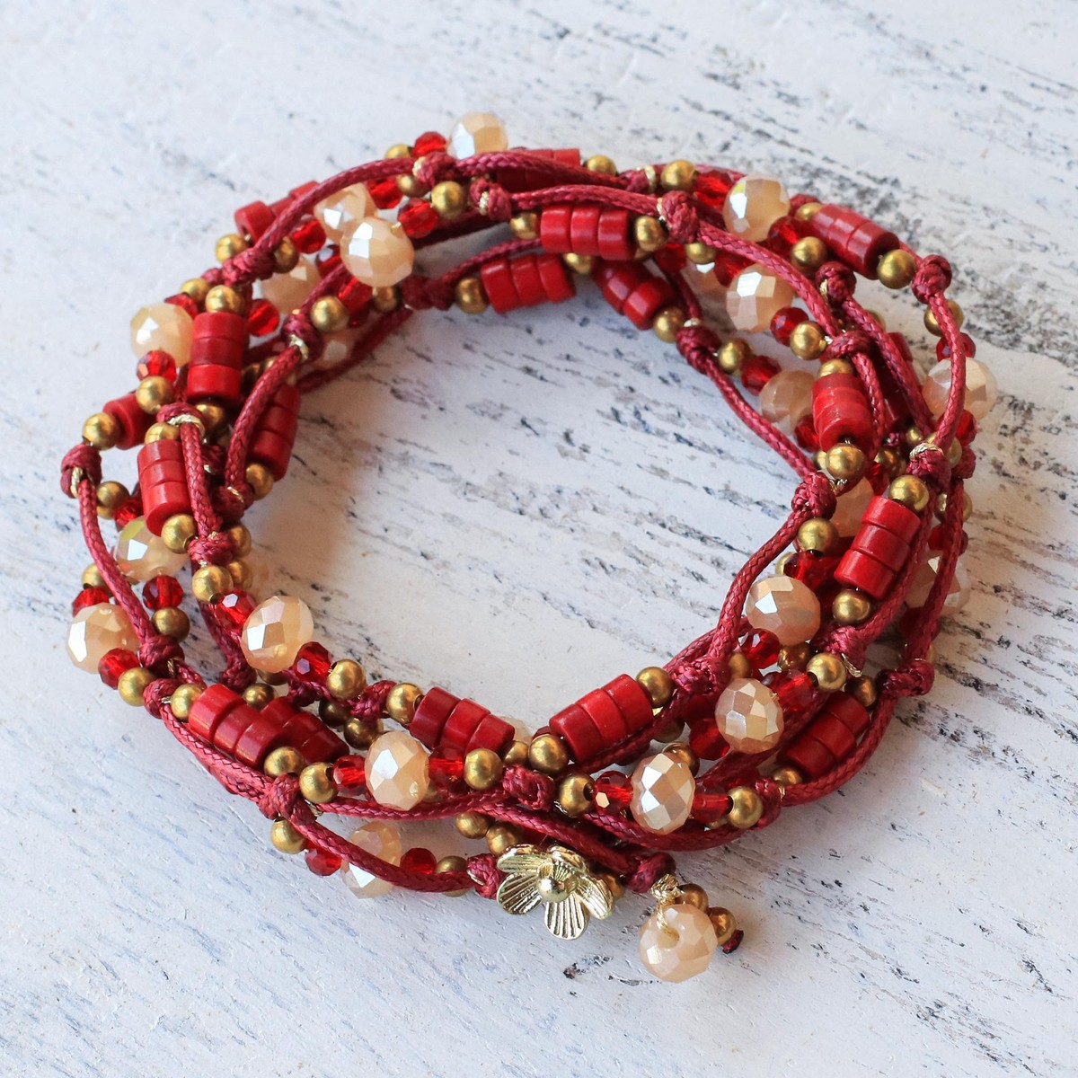 Calcite and Glass Beaded Wrap Bracelet in Red from Thailand - Passionate Party