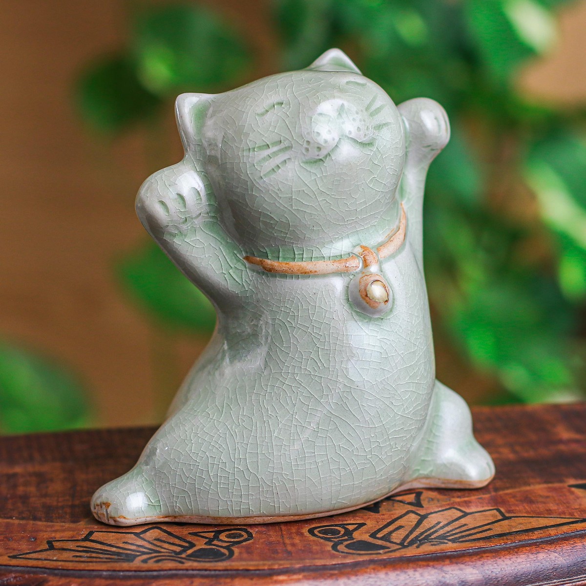 Cat Shaped Celadon Ceramic Figurine Handmade in Thailand - Lucky and Playful