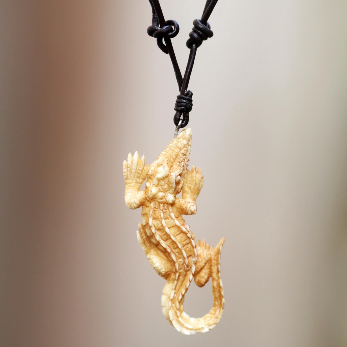 Carved Bone Alligator Pendant Necklace on Leather Cord - Alligator