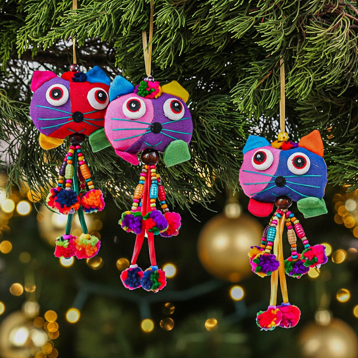 Cat-Inspired Whimsical 3-Piece Colorful Cotton Ornament Set - Feline Palette