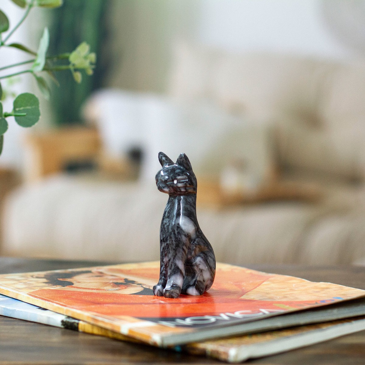 Cat-Shaped Hand-Carved Small Grey Marble Accent Sculpture - Slate Fabulous Feline