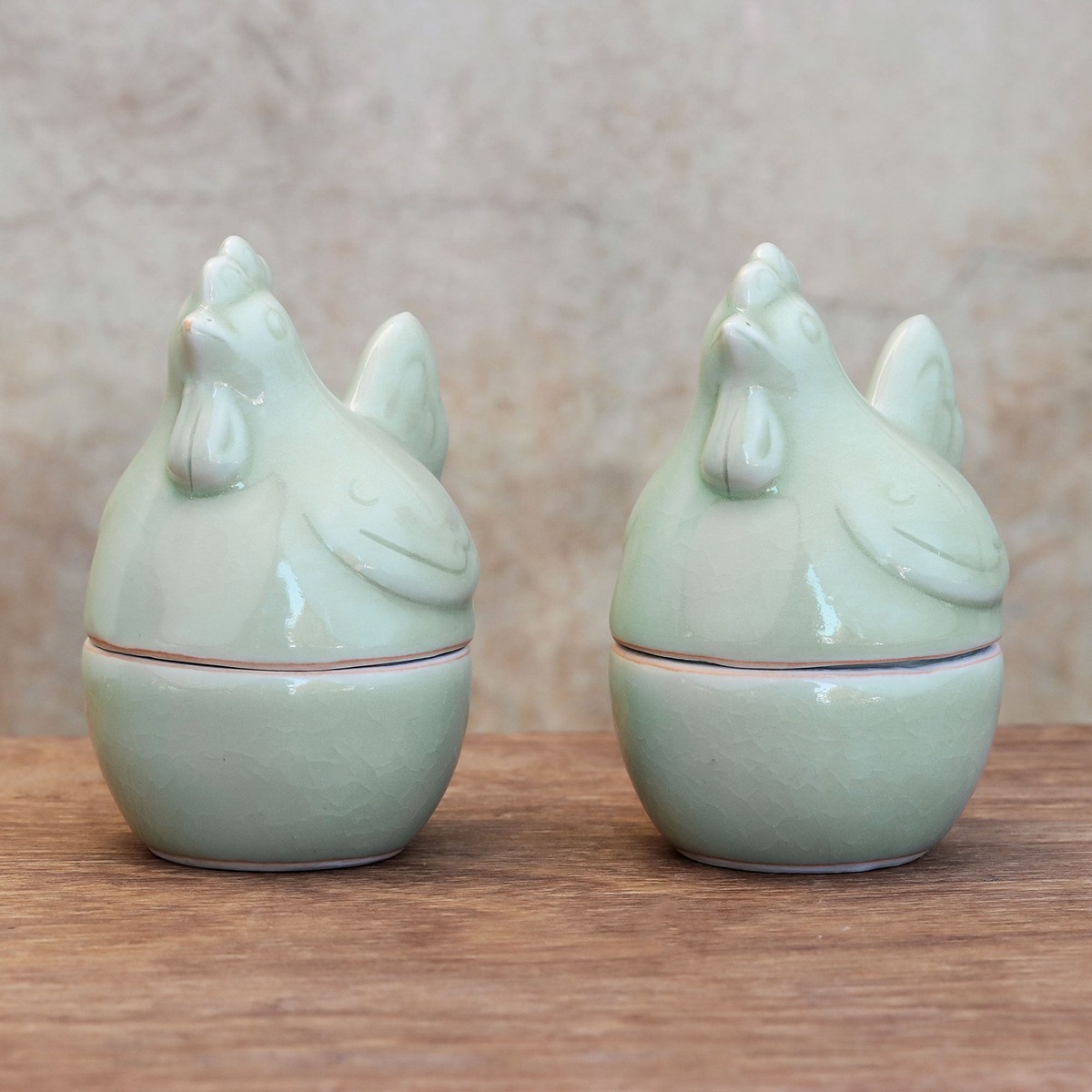 Celadon Ceramic Hen Egg Cups from Thailand (Pair) - Hen Breakfast