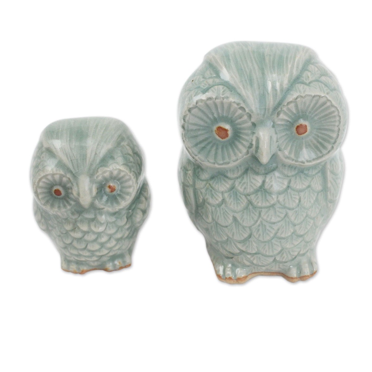 Celadon Ceramic Owl Figurines - Set of 2 - Little Light Blue Owls (member)