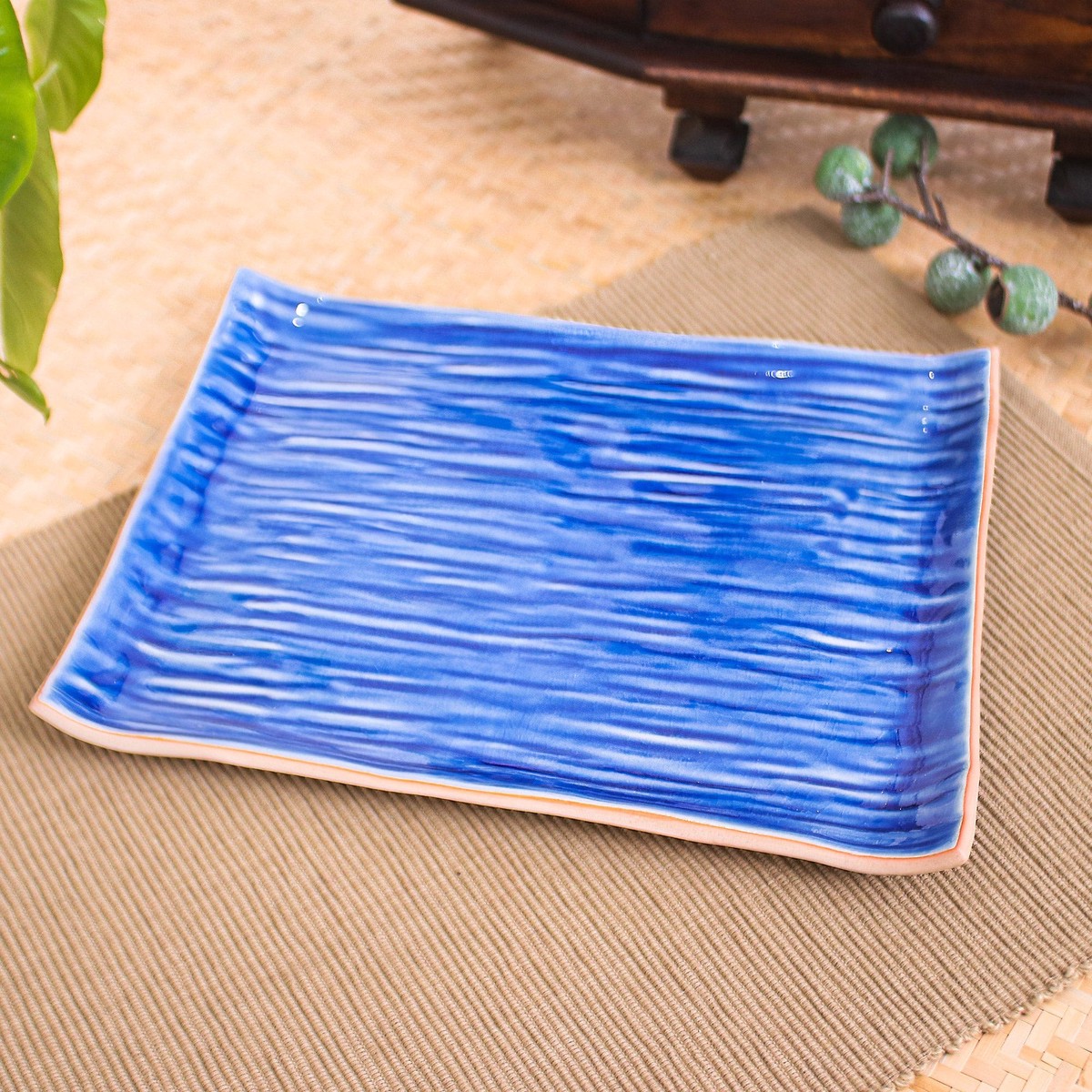 Celadon Ceramic Platter in Blue Handmade in Thailand - Tree Stump in Blue