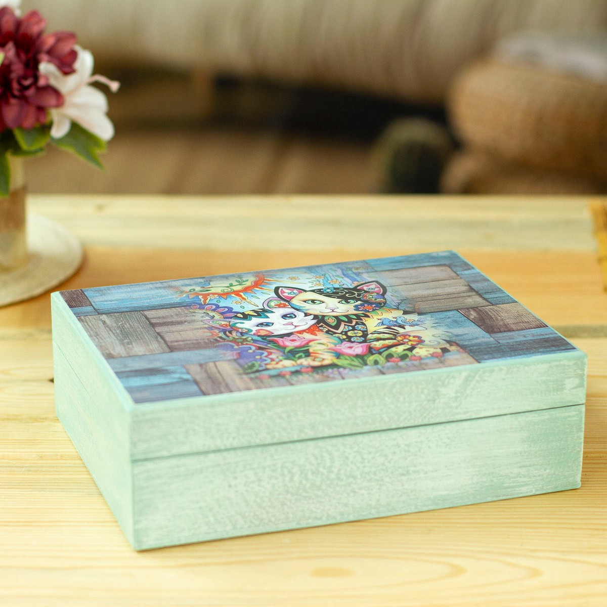 Cat-Themed Decoupage Wood Decorative Box from Mexico - Floral Cats