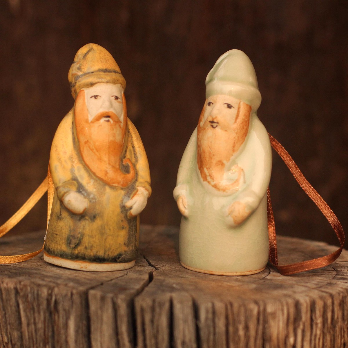 Celadon ceramic Christmas ornaments (Pair) - Thai Santa Claus