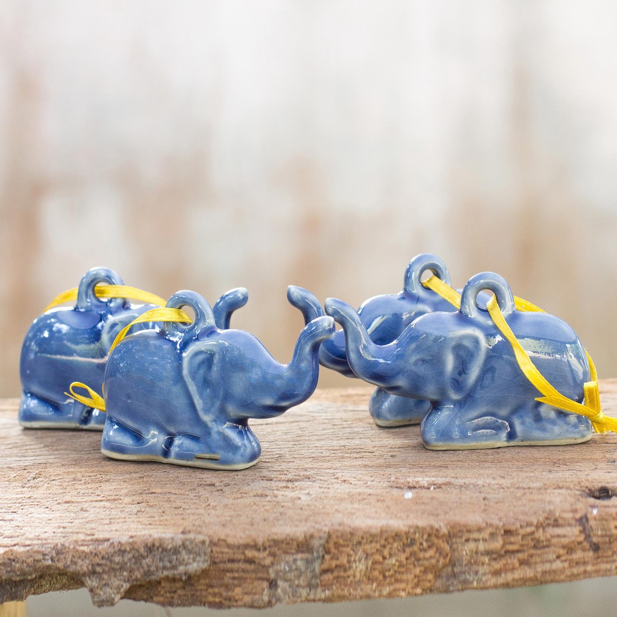 Celadon ceramic ornaments (Set of 4) - Blue Holiday Elephants