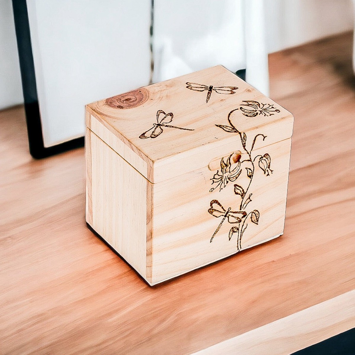 Carved Floral and Dragonfly-Themed Pinewood Decorative Box - Dragonfly Traces