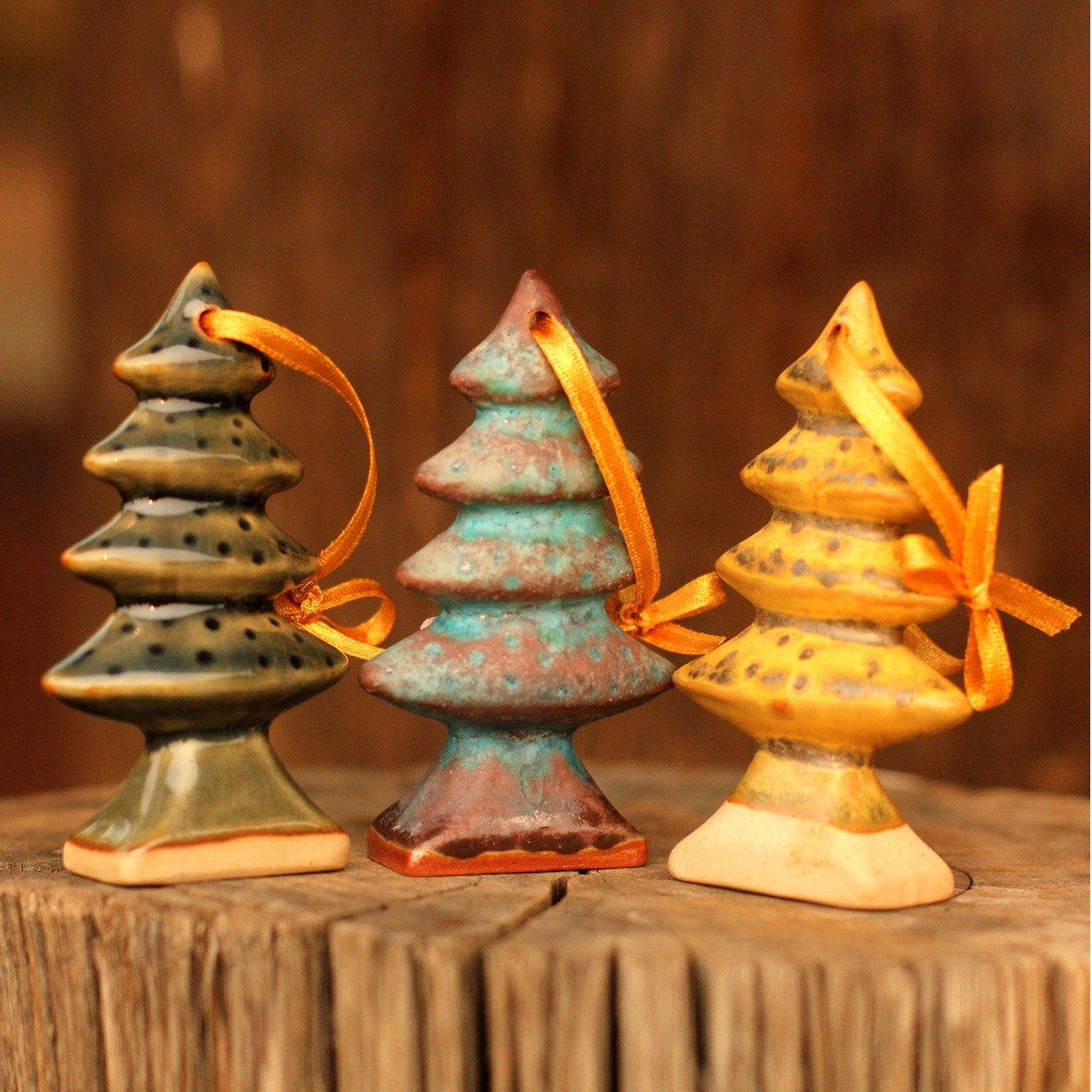 Celadon ceramic Christmas ornaments (Set of 3) - Winter Pines