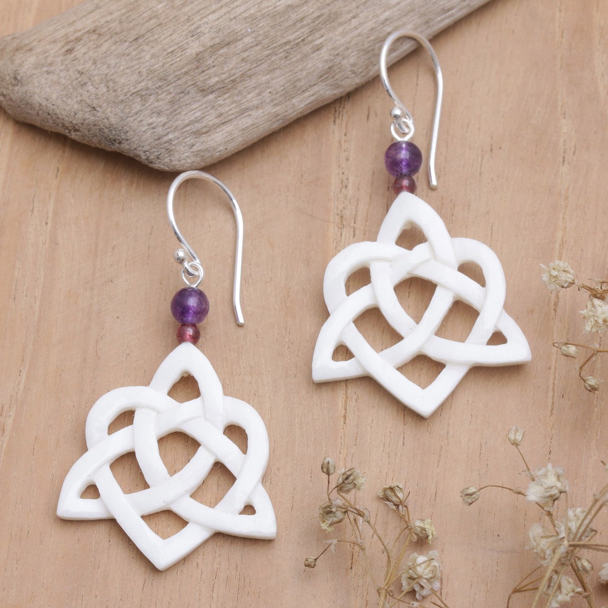 Celtic Trinity Knot Dangle Earrings with Amethyst and Garnet - Trinity Love