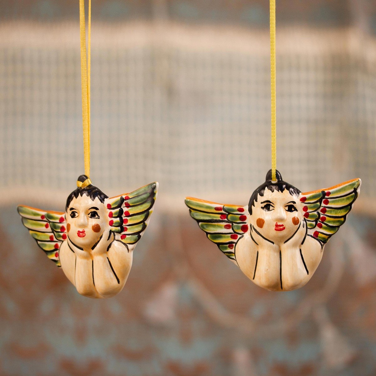 Ceramic Angel Ornaments Crafted in Mexico (Pair) - Rosy-Cheeked Angels