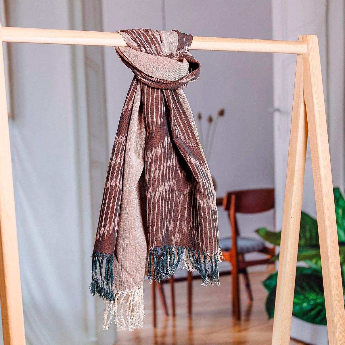 Brown Fringed Cotton Ikat Scarf Hand-Woven in Uzbekistan - Refined Elegance