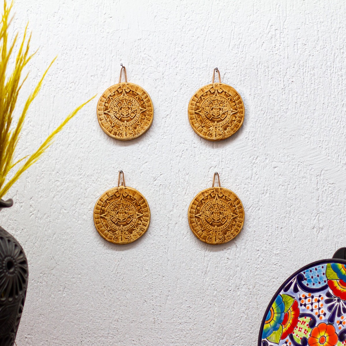 Ceramic Aztec Calendar Ornaments from Mexico (Set of 4) - Aztec Cosmos