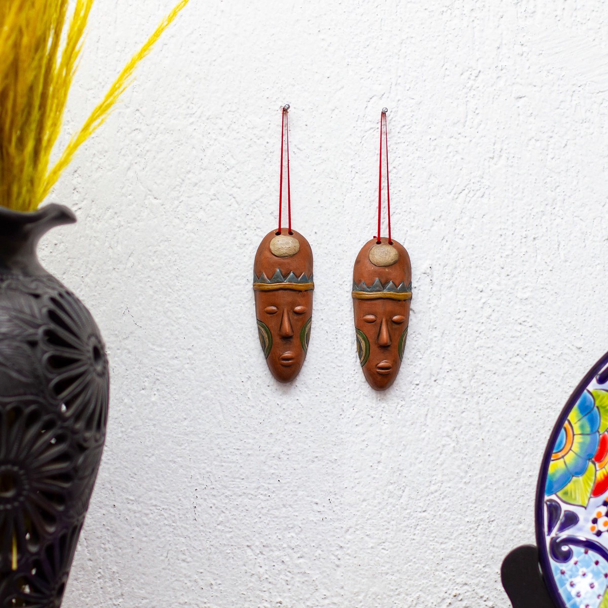 Ceramic Mask Ornaments in Brown from Mexico (Pair) - Charming Masks