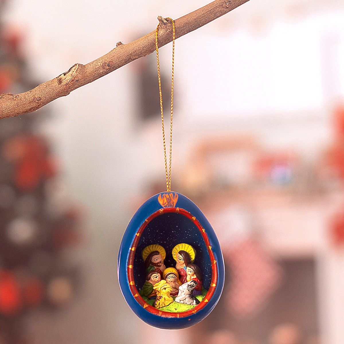 Ceramic Nativity Christmas Ornament Hand-Painted in Peru - Blue Nativity Egg