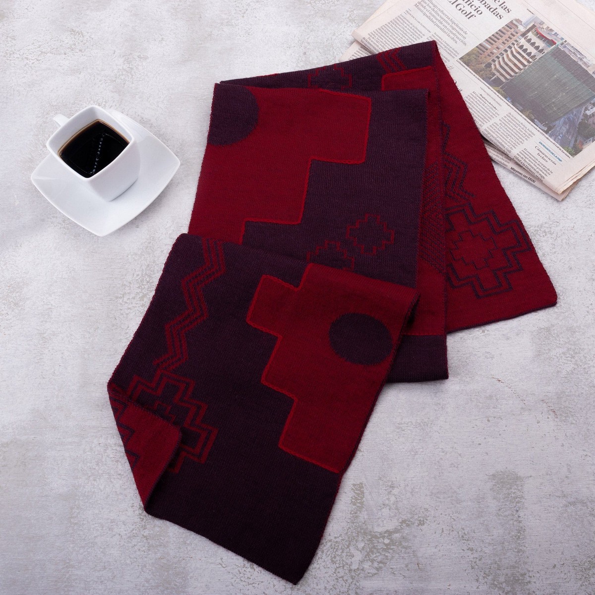 Chakana-Themed Reversible Alpaca Blend Scarf in Vibrant Hues - Fire Visions