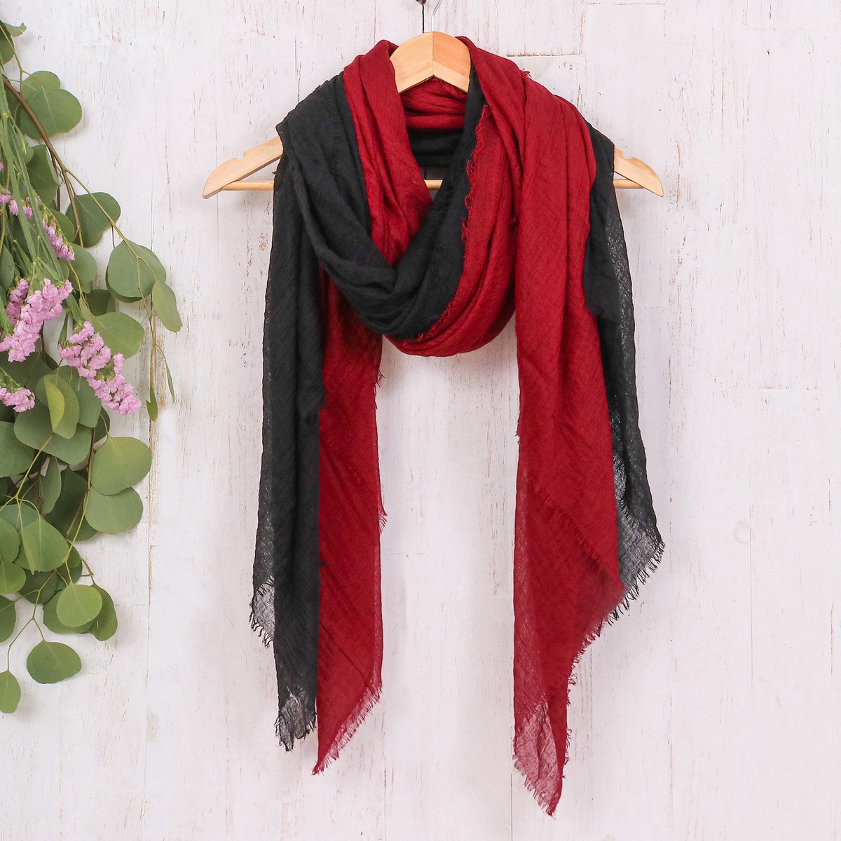 Cherry Red and Onyx Black 2-Piece Scarf Set from Thailand - Vibrant Perfection