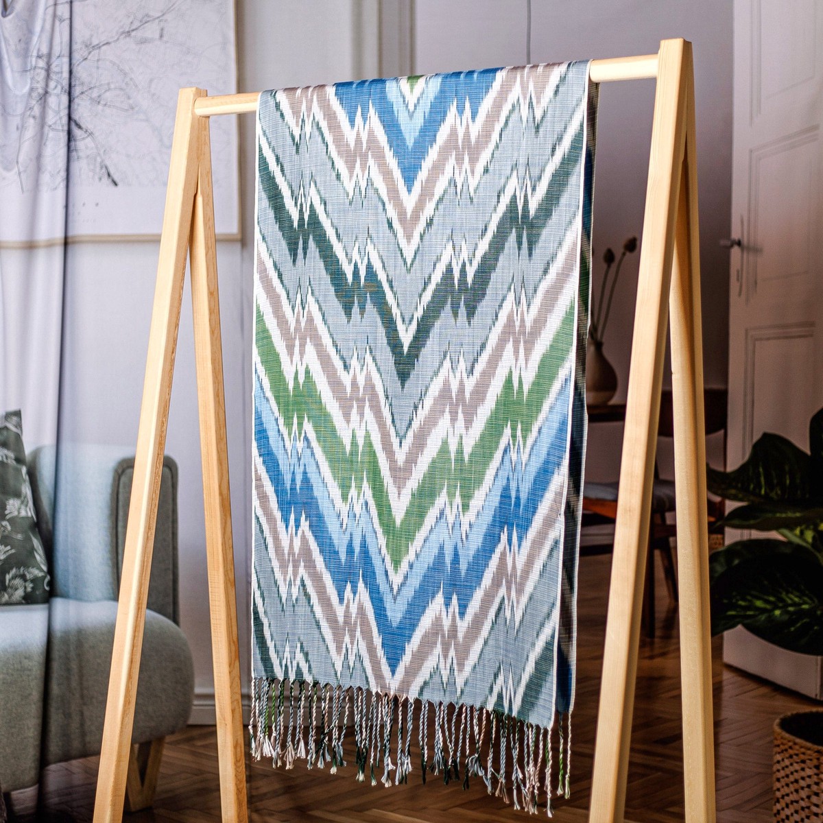Chevron-Inspired Handmade Colorful Fringed Cotton Ikat Scarf - Rays of Grace