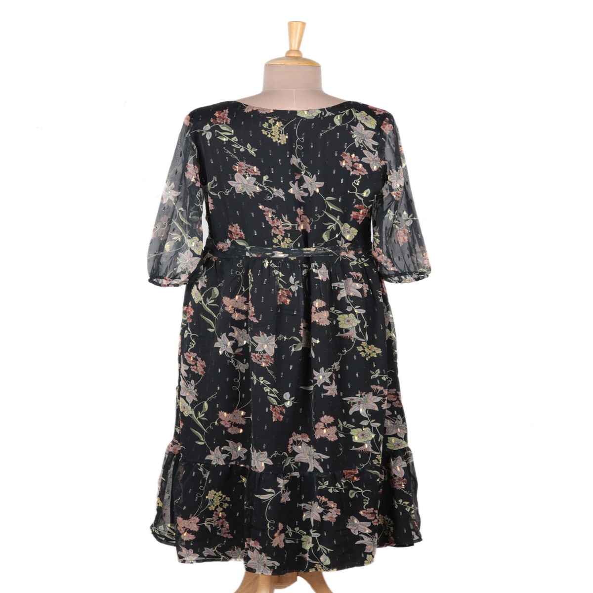 Chiffon Shift Dress with Floral Motif - Romantic Revival in Black - XXL