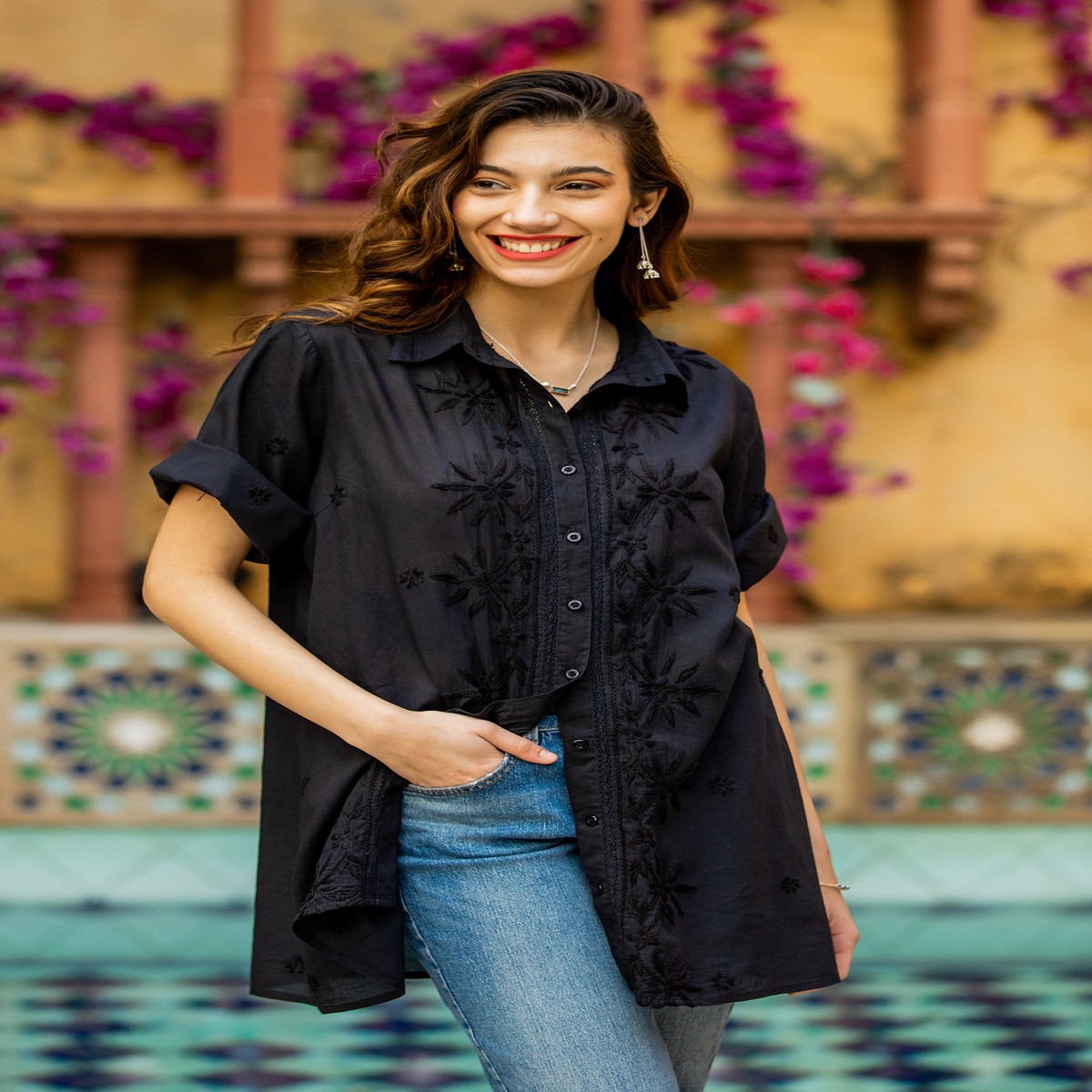 Chikankari-Embroidered Black Cotton Button-Up Blouse - Festive Black - L
