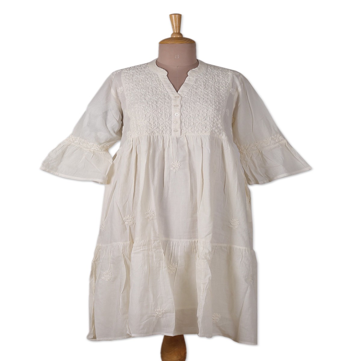 Chikankari Embroidered Floral Alabaster Cotton A-Line Dress - Alabaster - M