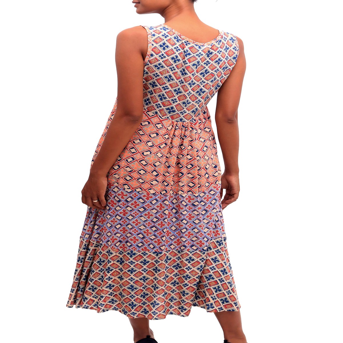 Chili and Azure Printed Rayon Midi Sundress from Bali - Kelud Crisscross - XL (member)