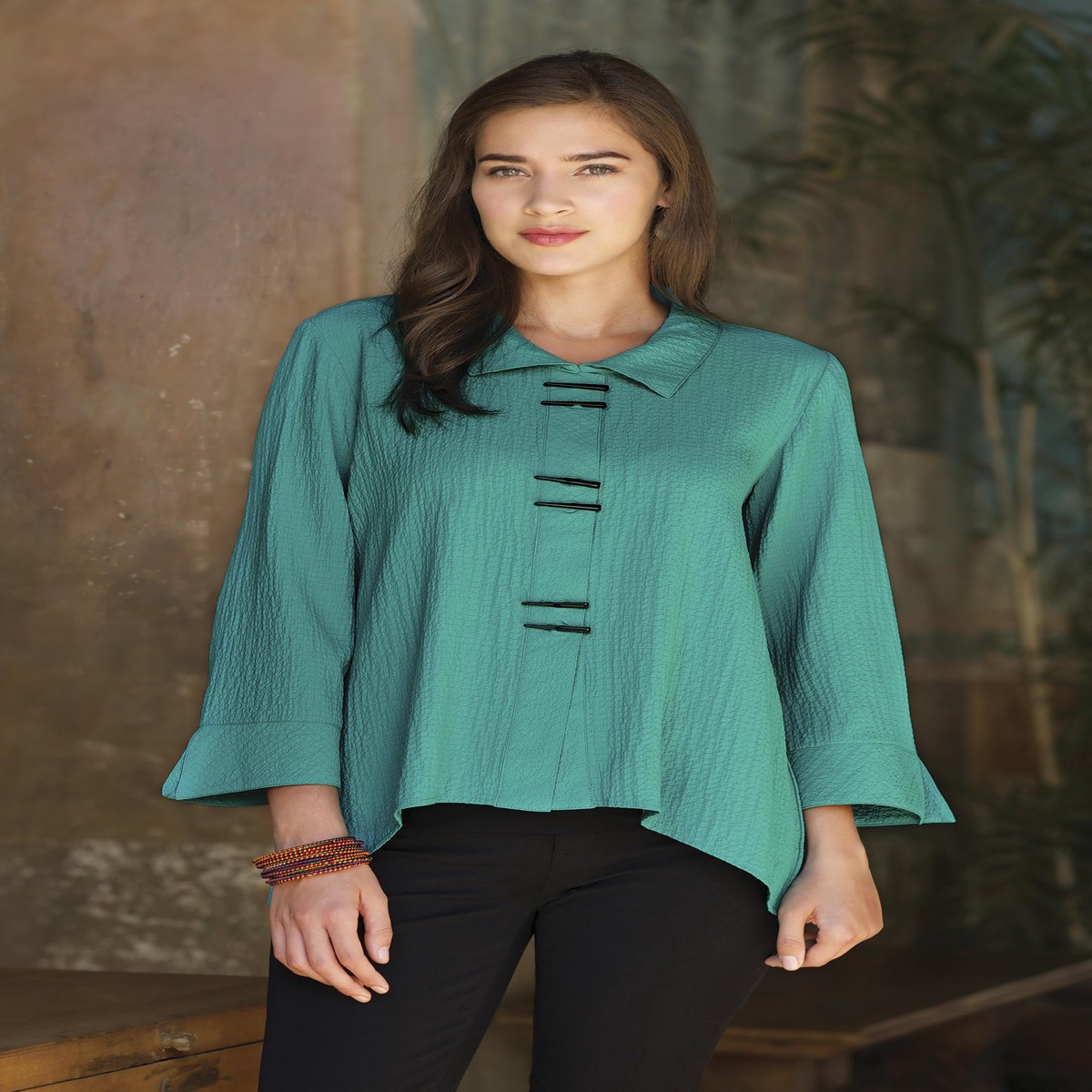Chopsticks Easy Care Button-Up Travel Shirt - Chopsticks - Turquoise - XL